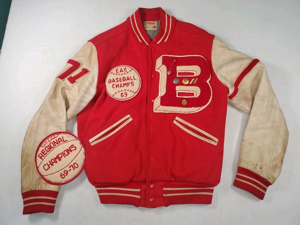 Vintage Wilson Men's Leather Sleeve Varsity Letterman Jacket 40 Red White Stains